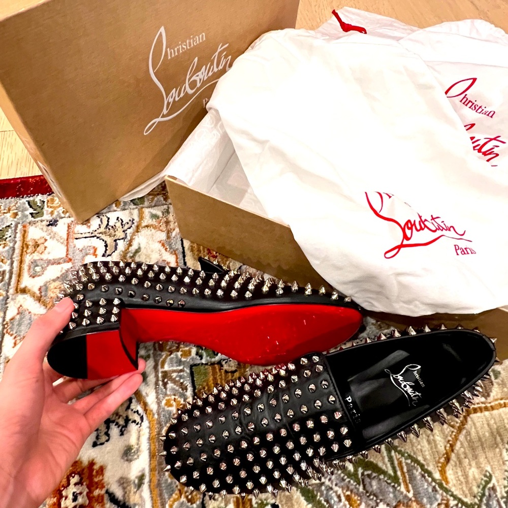 NWT Christian Louboutin MSRP $1695 Black Silver Studded Healed Loafers 37
